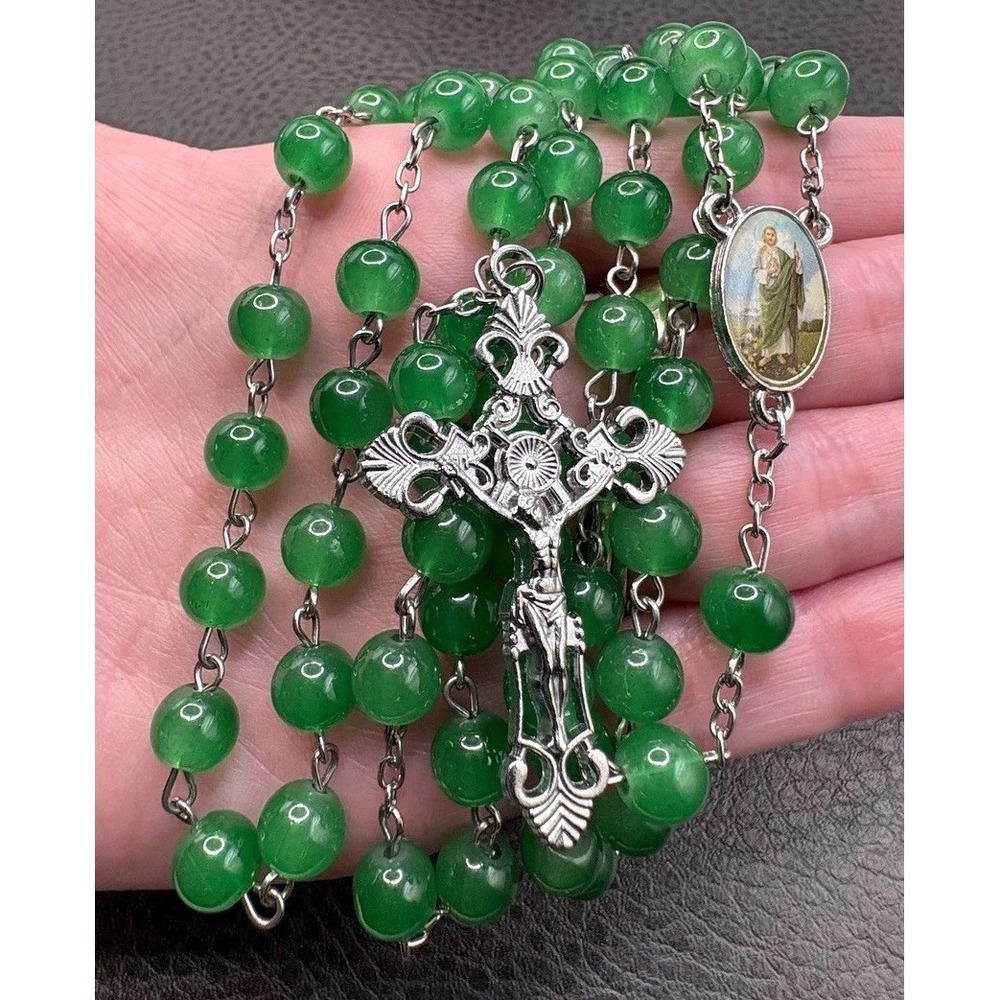 Green Glass Bead Rosary Necklace Enamel Medal Cross Silver Tone 30"